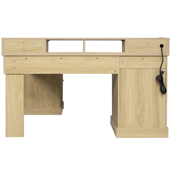 English Elm 59" Fluted Oak L-shaped Corner Desk with Charging Station Monitor Stand and File Storage Light Oak W2917S00005