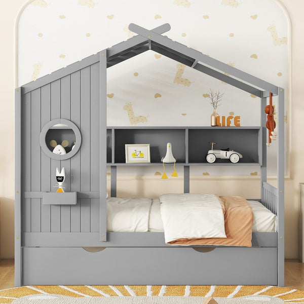 English Elm Wooden Twin House Bed with Trundle and 3 Back Shelves, Pine Frame Playful Loft Design for Kids Gray 41.7 L x 16.25 W x 6 H N733S316110E