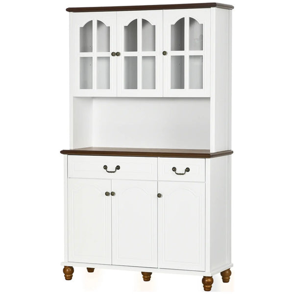 English Elm White Tall Buffet Cabinet with Glass Doors Drawers and Adjustable Shelves for Dining Storage T3971S00054