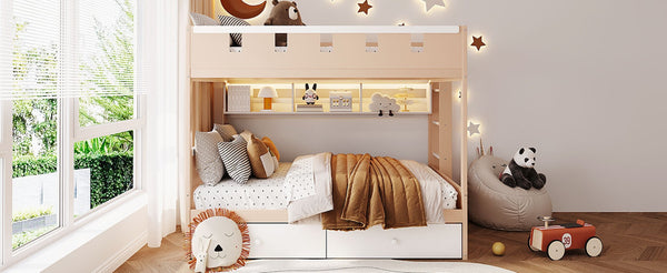 English Elm Full Size Castle Bunk Bed with Led Lighting Built in Shelf and Storage Drawers White LT000159AAK