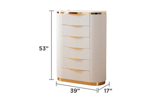 English Elm LAURA King 6-Pc White Velvet Bedroom Set with Gold Accents, Soft-Close Drawers & Oval Mirror B009S01254