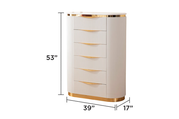 English Elm LAURA King 6-Pc White Velvet Platform Bedroom Set with Gold Geometric Accents & Soft-Close Drawers B009S02055