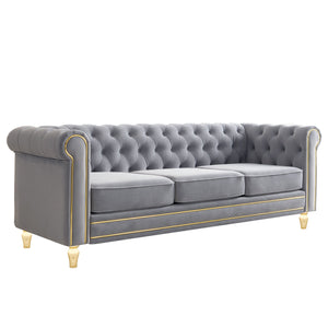 English Elm Chesterfield 84.65" Rolled Arm Velvet Sofa Light Grey with Gold Trim, Deep Tufting & Plush Seats W579P326878