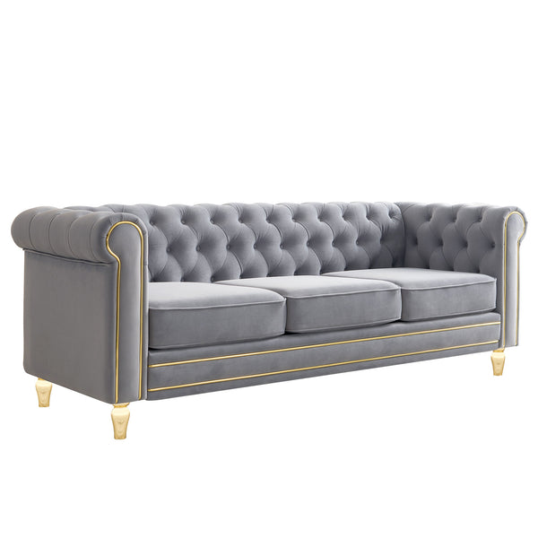 English Elm Chesterfield 84.65" Rolled Arm Velvet Sofa Light Grey with Gold Trim, Deep Tufting & Plush Seats W579P326878