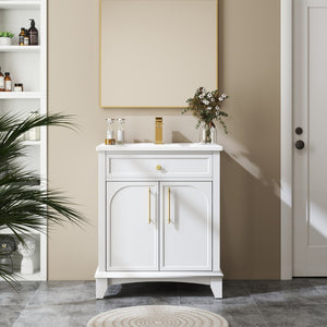 English Elm 27.8" Mid-century Freestanding Bathroom Vanity with Ceramic Sink Drawer and Wood Base White W1801S00004