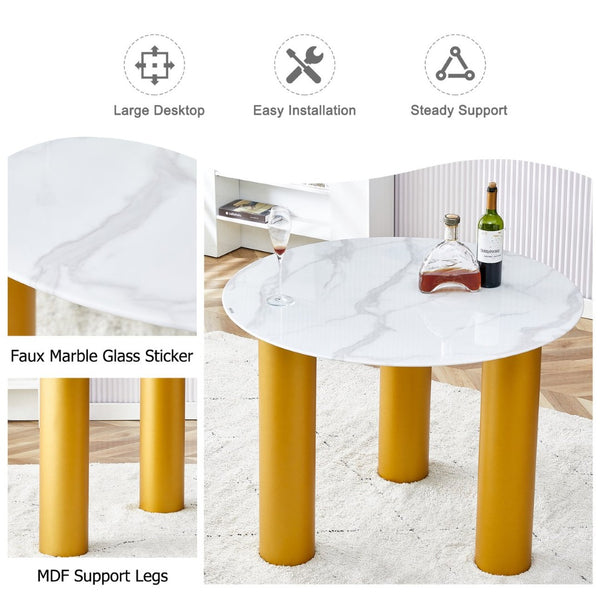 English Elm Table Set With Elegant Round White Marble Top, Gold Legs, And Soft Dining Chairs For Stylish Spaces W1151S01135-GIGA
