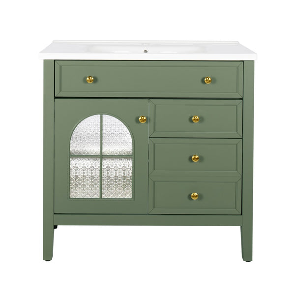 English Elm 35.6" Freestanding Bathroom Vanity with Roman Column Base and Ceramic Integrated Sink Green W1801S00010