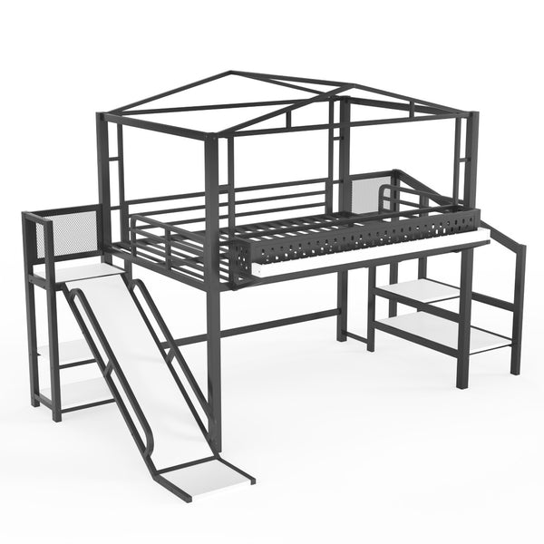 English Elm Twin Metal Loft Bed with Built-in Wardrobe Storage Stairs Led Lights and Usb Ports W5316S00047