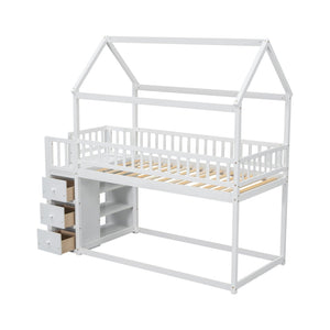 English Elm Twin/twin House Bunk Bed Solid Pine Playhouse Frame with Storage Drawers Shelves White W697S00032