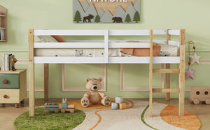 English Elm Solid Twin Loft Bed Natural-White Rubberwood with Ladder, Strengthened Slats, Storage-Ready Design W504P233031