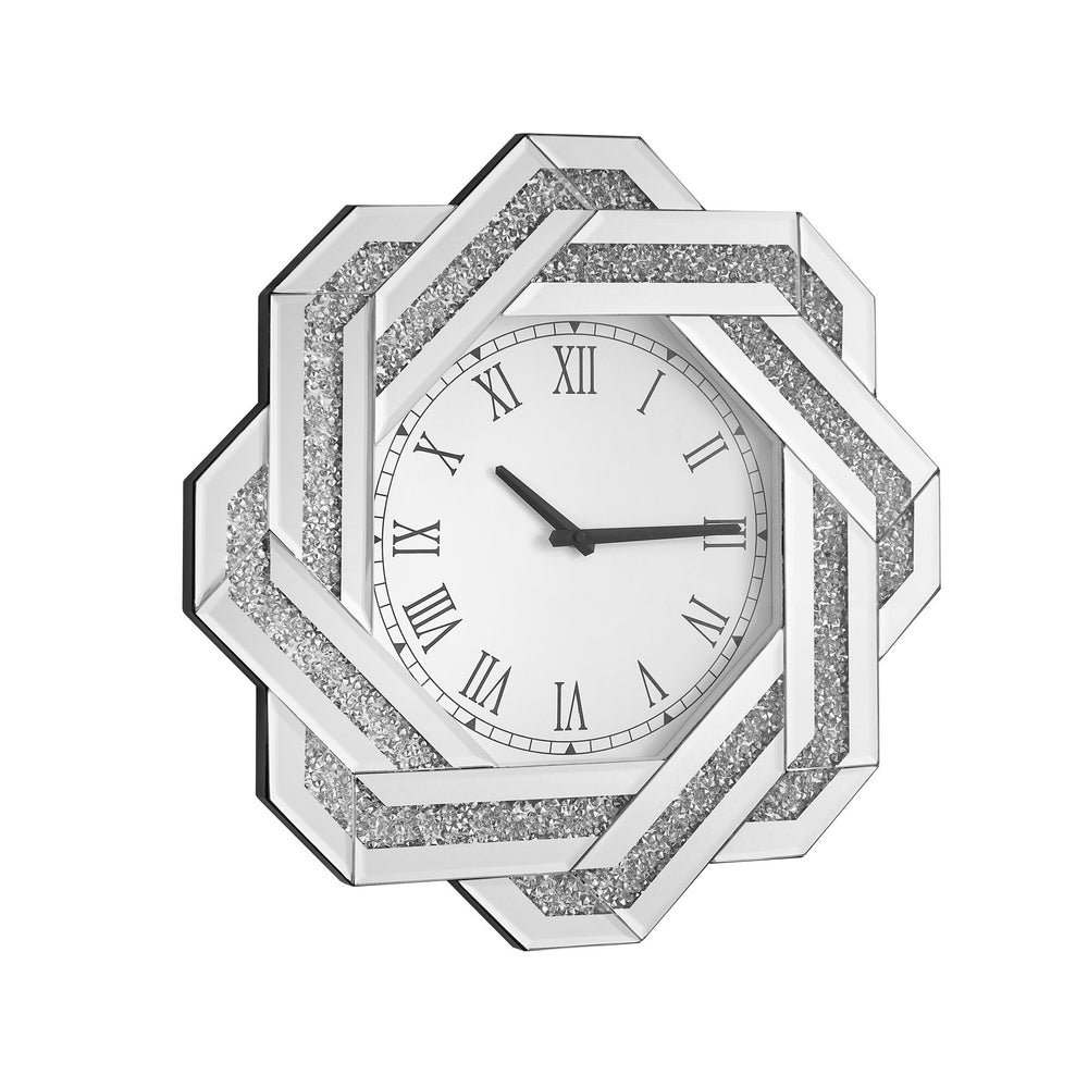English Elm 20" Silver Mirrored Wall Clock with Roman Numerals, Beveled Art Deco Star Design, Elegant Home Decor W1005P362477