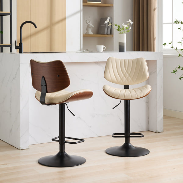 English Elm Walnut Bentwood Bar Stool set - Mid-Century Adjustable Counter Height with Faux Leather Seat, 360° Swivel, Ergonomic Backrest Beige W1143P278531