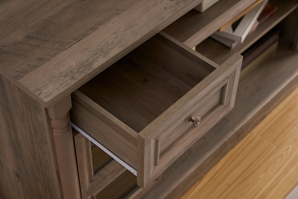 English Elm Farmhouse 70" Fireplace TV Stand with Roman Columns, LED Accent Lighting, Rustic Durable Media Console Gray W2393P300554