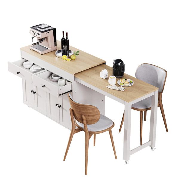 English Elm K&K 74.5" Kitchen Island with 27" Extendable Dining Table, 4-Door Storage, 2 Drawers, Rolling Cart Off White N707S000009W