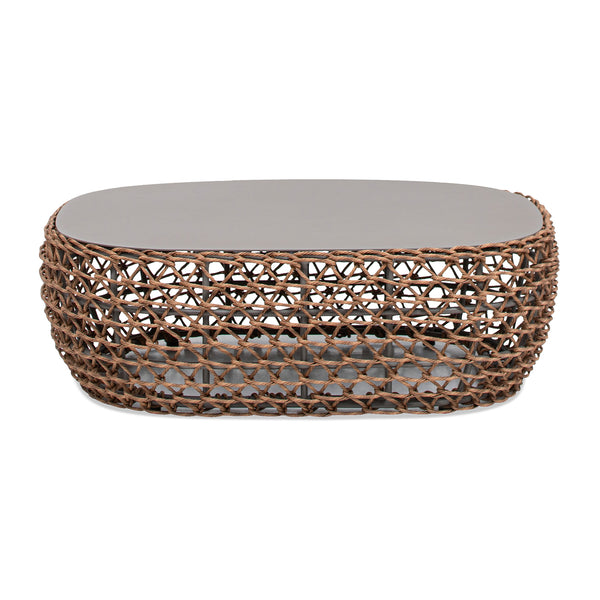 English Elm Jennifer Taylor Home - Willow Oval 40.5" Woven Patio Coffee Table – Golden Brown Wicker, Powder-Coated Aluminum Top, Beige B2719P305702