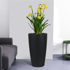 English Elm Set of 2 Faux Rattan Tall Outdoor Planters with Auto Watering and Water Level Monitor Black W3213P325373