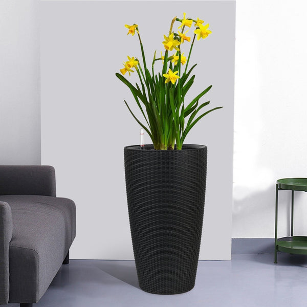 English Elm Set of 2 Faux Rattan Tall Outdoor Planters with Auto Watering and Water Level Monitor Black W3213P325373
