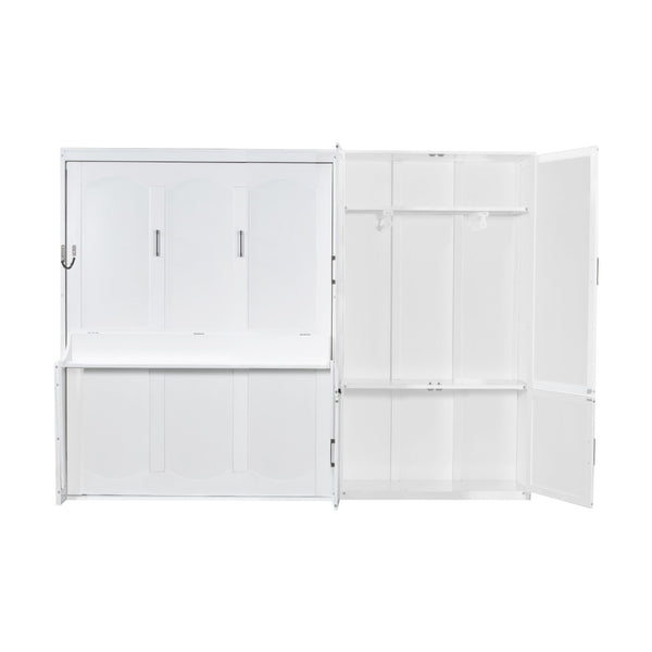 English Elm Queen Murphy Bed with Wardrobe Cabinet Hydraulic Lift Mdf Space Saving Wall Unit White LP000581AAK-1