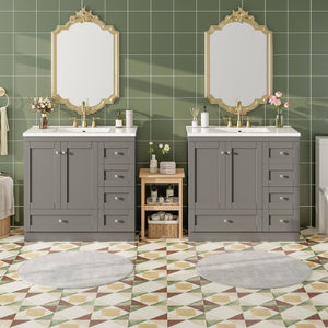 English Elm 72 Shaker Bathroom Vanity 72" Double-Sink Freestanding with Ceramic Basin, Soft-Close Drawers & Doors Grey N729P000010E