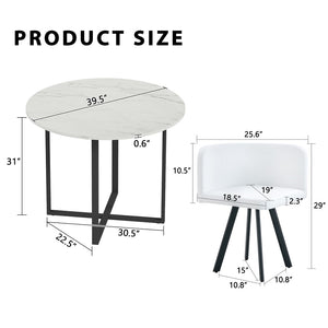 English Elm 5 Piece Round Faux Marble Dining Set with Pu Leather Chairs for Small Apartments White W3875S00087