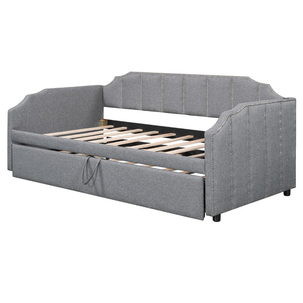 English Elm Twin Linen Upholstered Daybed with Pop up Trundle and Built in Usb Charging Gray SF000199AAE