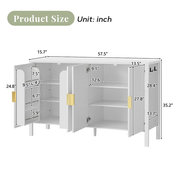 English Elm U_style Striped Four Door Sideboard Mdf Buffet Cabinet with Adjustable Shelves for Dining White N711P345170K