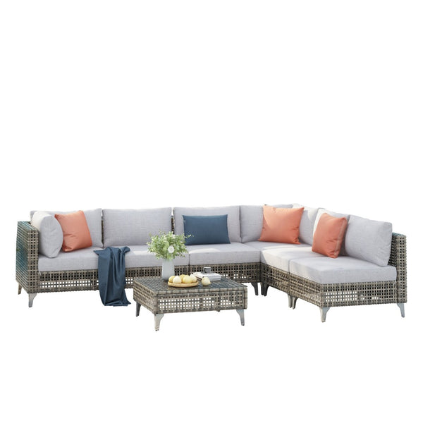 English Elm K&k 7 Piece Outdoor Modular Sectional Wicker Sofa Set with Tempered Glass Coffee Table Grey N707S000011G
