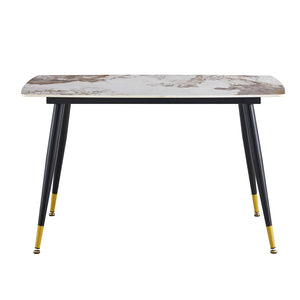 English Elm Table And Chair Set - Elegant 4-Seater Sintered Stone Dining Table With White Pu Chairs For Comfort W1151S04206-GIGA