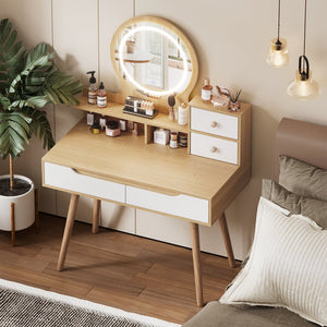 English Elm Makeup Vanity Desk with LED 3-Mode Lighted Mirror, Solid Wood Feet, 4 Drawers & Shelves, Oak Finish W509P238991