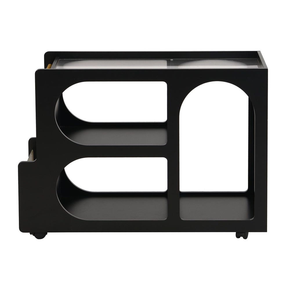 English Elm ON-TREND Mobile End Table with Locking Wheels, Fluted Tempered Glass Top, Gold Rod Accent, Sleek Storage Design Black N721P179241B