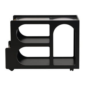 English Elm ON-TREND Mobile End Table with Locking Wheels, Fluted Tempered Glass Top, Gold Rod Accent, Sleek Storage Design Black N721P179241B