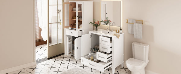 English Elm 67.57" Tall Matte Cabinet Vanity Combo with Glass Doors Soft-close Drawers Sink White N729P000033K