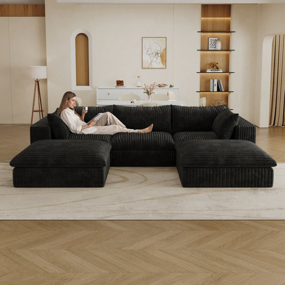 English Elm 118.2" Modular Cloud Sofa Corduroy Upholstered Deep Seat Lounge for Living Room Black W2824S00182