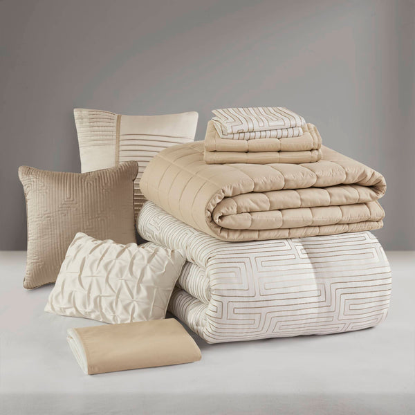 JLA Home Madison Park - 10 Luxury Jacquard Comforter Set with Metallic Thread Accents, Greek Fret Design, OEKO-TEX Certified Elegance Ivory MP10-8694