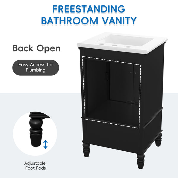 English Elm 20" Bathroom Vanity with Sink Modern MDF Cabinet with Ceramic Top, Drawer, Magnetic Door Stopper Black N725P195132B