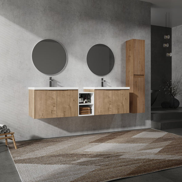 English Elm 72" Modern Wall-Mounted Bathroom Vanity Set With Soft-Close Doors, Resin Sinks & Extra Storage Space W999S00232