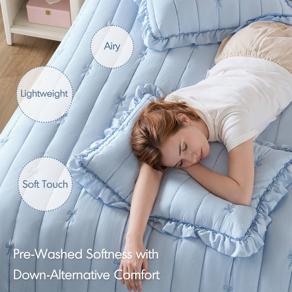 English Elm 3-piece Reversible Microfiber Quilt Set Bow Embroidery Ruffled Trim Romantic Bedroom Blue B035P482883
