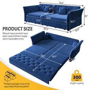 English Elm 74.4" Queen Velvet Sleeper Sofa Artisan Floral Tufted Cushions Converts for Guest Rooms Blue W1885S00306