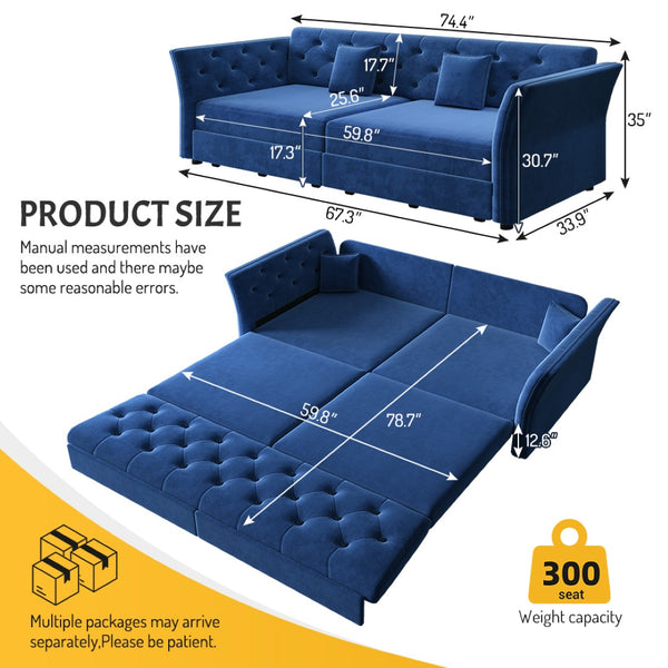 English Elm 74.4" Queen Velvet Sleeper Sofa Artisan Floral Tufted Cushions Converts for Guest Rooms Blue W1885S00306