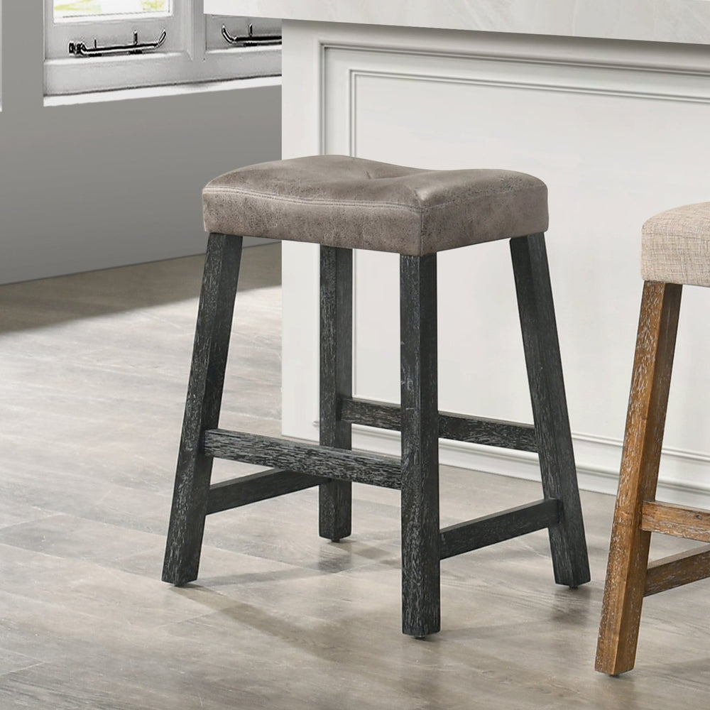 English Elm Rustic 25" Backless Counter Stool Set of 2 – Gray Solid Wood Farmhouse Stools, Brown Padded Faux Leather Seats, Distressed Finish, Space-Saving Design W2537P298998