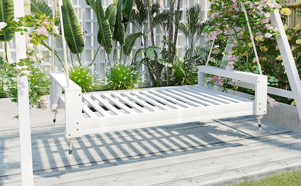 English Elm TOPMAX Twin Size Porch Swing Bed Crafted from Durable Acacia Wood with 400lb Capacity and Hemp Ropes White N717P210135K