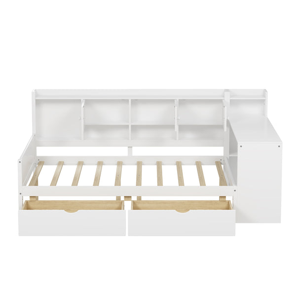 English Elm Full Full Size Wooden L-Shape Daybed with 7 Cabinets, 2 Drawers, Desk & Bookshelf — Space-Saving White N733S351674K