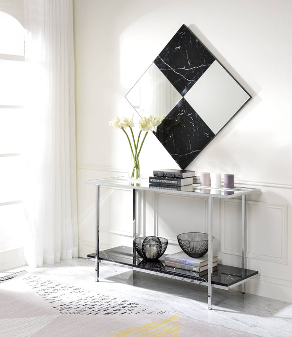 English Elm Angwin Mirrored Console Table with Faux Marble Shelf & Chrome Frame — Modern Entryway Accent, Luxe Reflective Surface B2726P252316