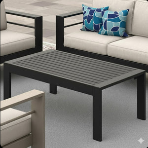 English Elm 43" Outdoor Coffee Table with Wood Grain Top on Powder Coated Iron for Patio Lounging Black B082P455114