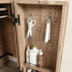 English Elm Craft Station with Drop-Leaf Extension, Brown Khaki Pine Finish — Compact Crafting Workstation w/ Storage B356P402737