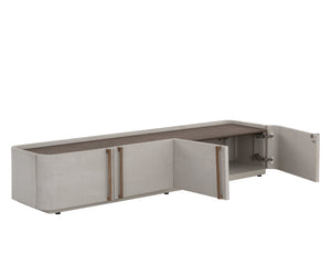 Sunpan Jamille Contemporary Media Console & Cabinet with Cream Faux Leather & Warm Brass Steel Base