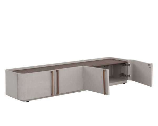 Sunpan Jamille Contemporary Media Console & Cabinet with Cream Faux Leather & Warm Brass Steel Base