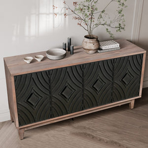 English Elm Mid Mid Century Sideboard showcasing fluted masonry-style doors, solid wood legs, elegant storage console 64.96"L Antique Black W1445P173038