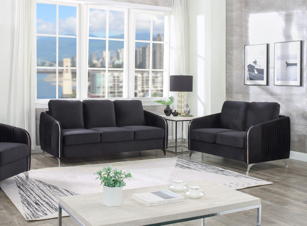English Elm Hadriano Velvet Sofa and Loveseat Set with Channel Quilting and Chrome Legs Black B2749S00138