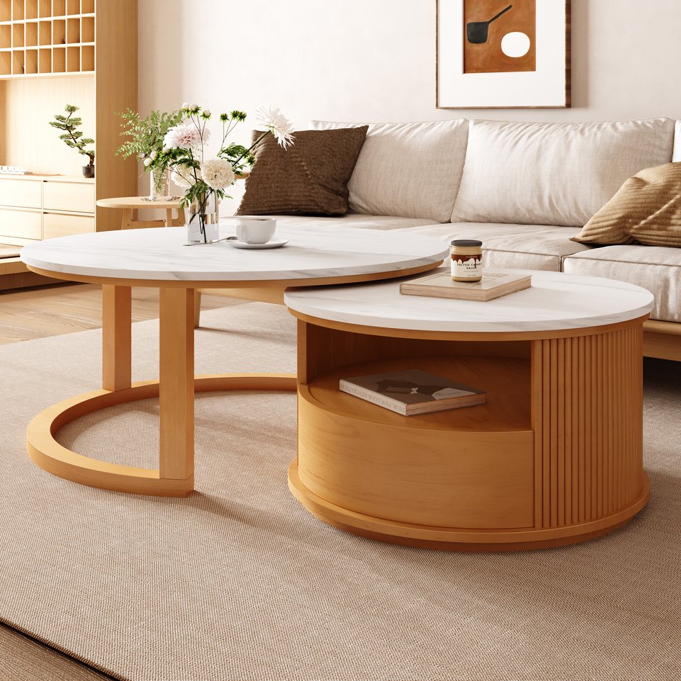 English Elm Round Nesting Coffee Table with Marble-Style White Top, 2-Tier Storage & Drawer, Natural Wood Finish—Space-Saving Modern Design for Small Living Rooms (28.5") N735P305621N